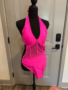 SHEIN Neon Pink Mesh-Panel One-Piece Swimsuit
